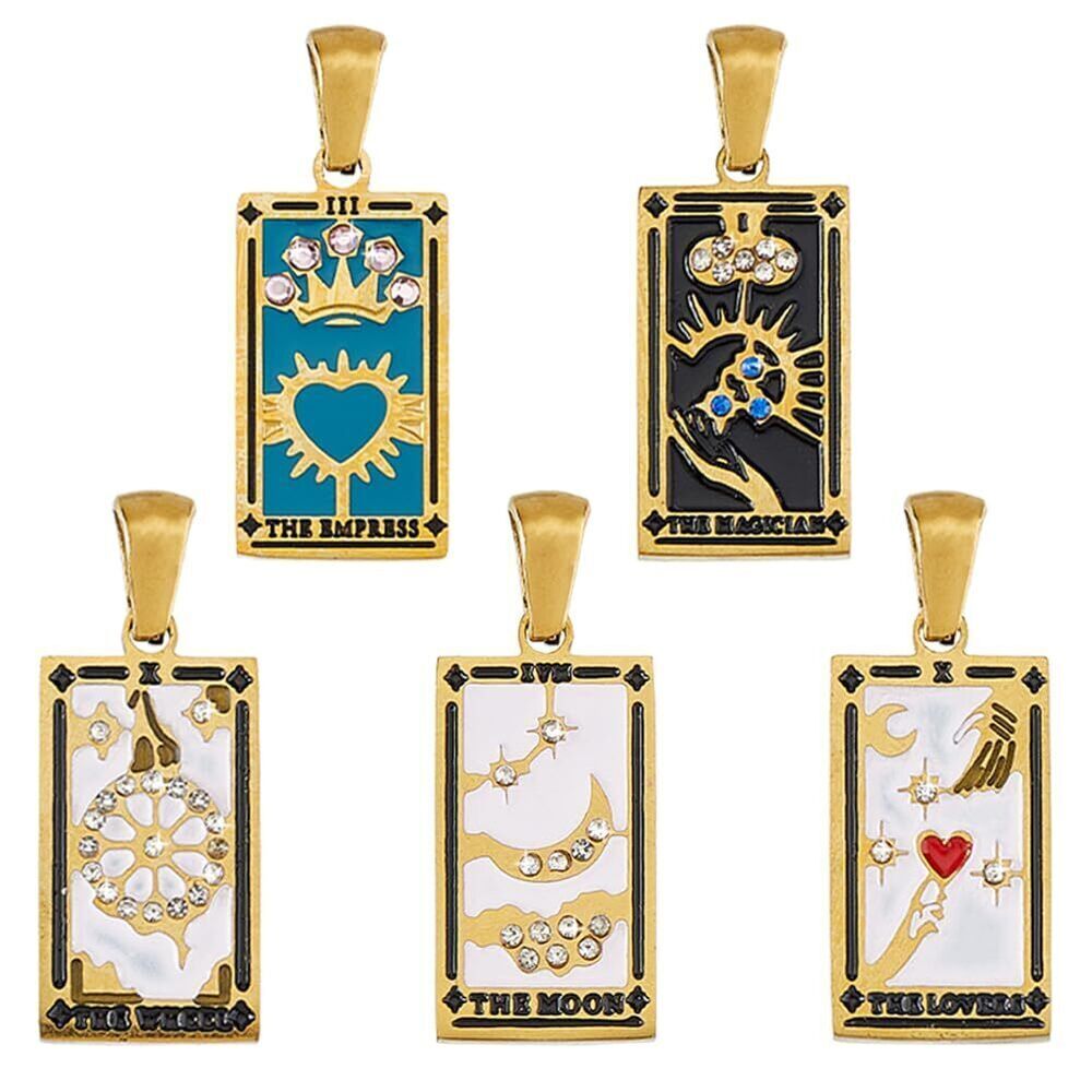 5507 5 Styles Stainless Steel Tarot Pendant 5Pcs Enamel Rhinestone Charms